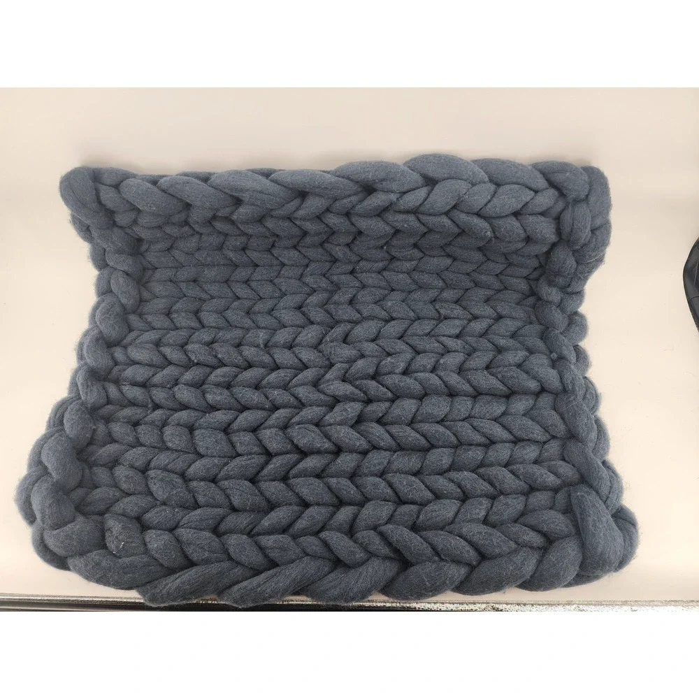 Chunky Hand Knit Braided Throw‎ Blanket Slate Blue Giant Yarn 30x24